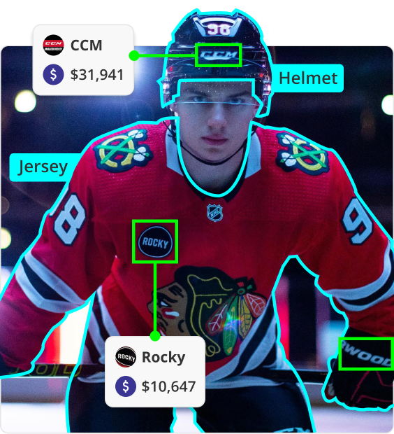 A marketing image for Blinkfire's valuation product, featuring a hockey player with a sponsored helmet and jersey highlighted by blue boxes